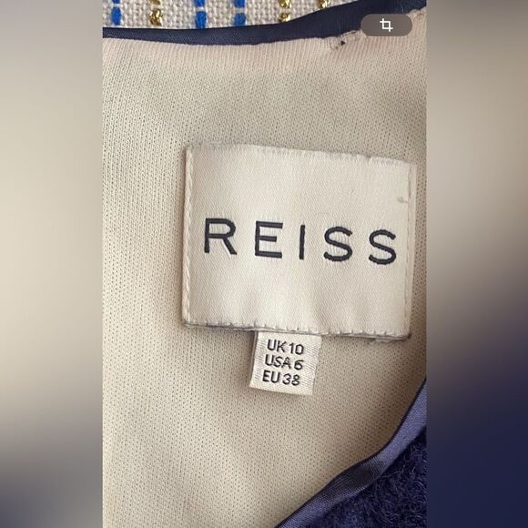 Reiss  Mini Dress Leila Size 6 Wool blended Navy & Cream Gold Floral - Picture 4 of 16